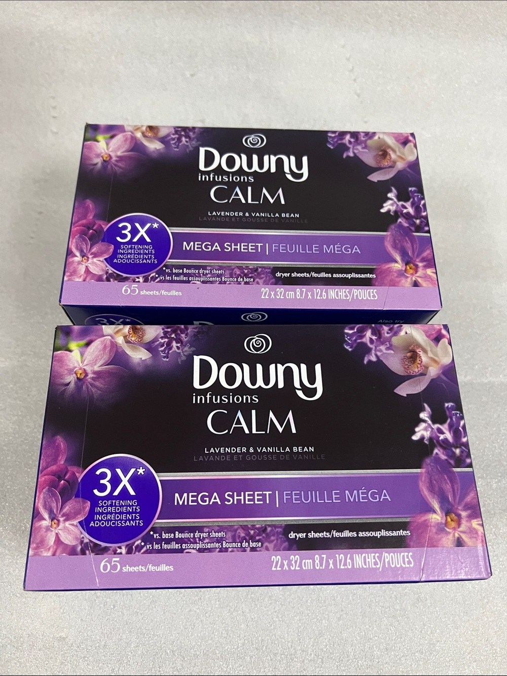 2x Downy Infusions CALM Lavender & Vanilla Bean Mega Sheet Dryer Sheets - Purple